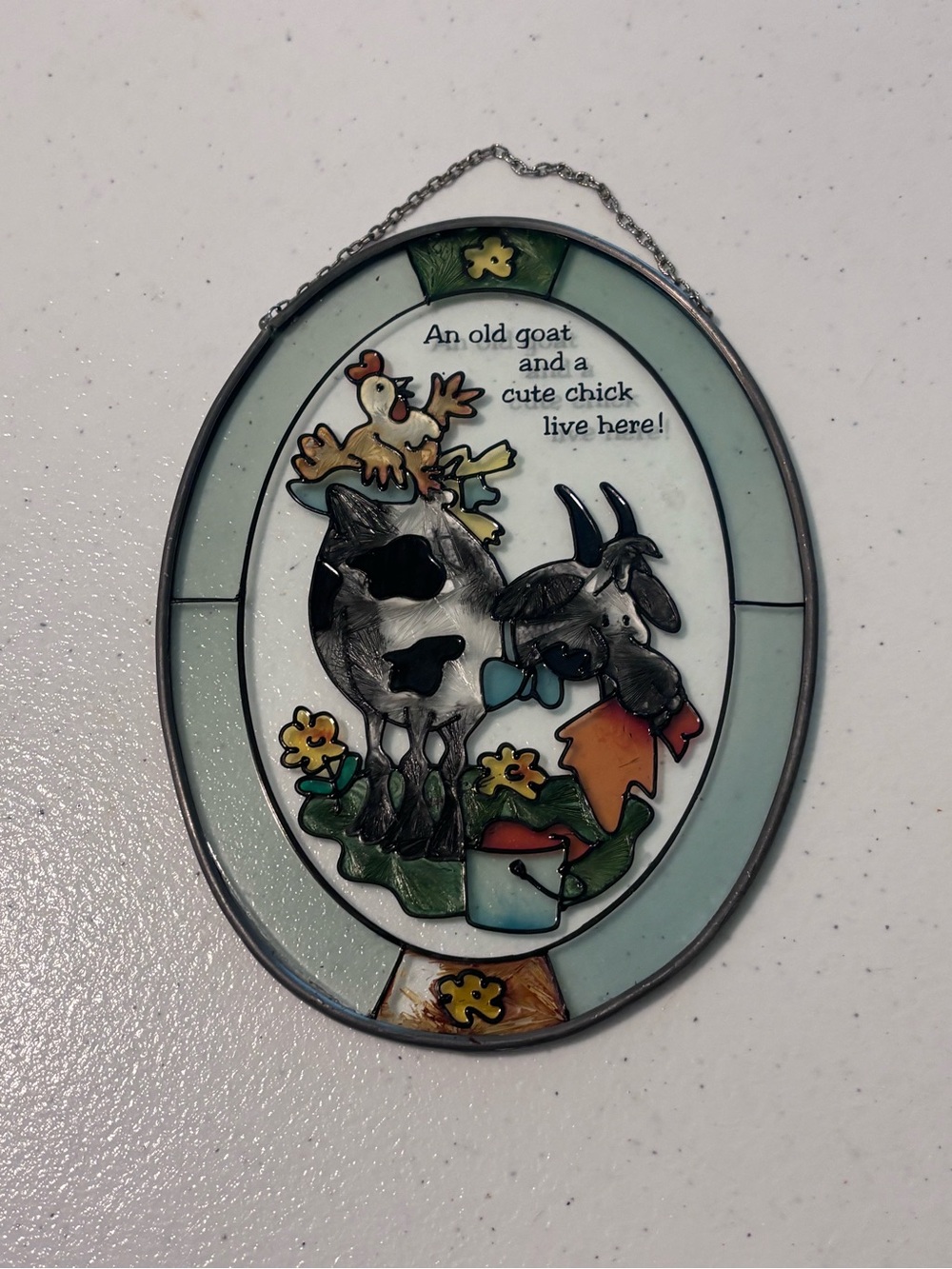 Farm Animal Stained Glass Wall Hanging - Light Blue Goat & Chick